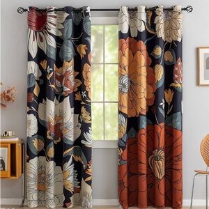 Boho Blackout Floral Patterned Curtain Panels- Navy, Orange, White 52Wx96L